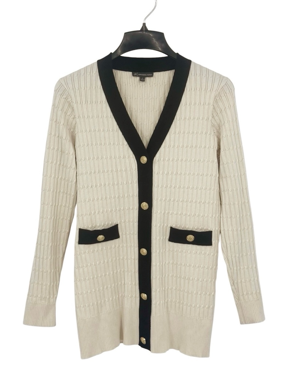 Adrianna Papell Textured Knit V-Neck Cardigan Cream Black Sz Large